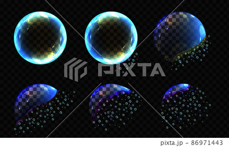 Realistic transparent soap bubble on black background. Soap Bubble set with glares. Vector 3d soap transparent bubble stages of the explosion. Water spheres, realistic balls, soapy balloons, soapsuds. 86971443