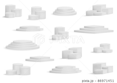 Realistic winner podium. 3D round and square stages. Stepped exhibition or award ceremony platforms set. Showroom pedestals, floor stage platform vector isolated mockup 86971451