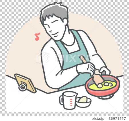 スマホでレシピを見ながら、キッチンで料理する楽しそうな若い男性 86971537