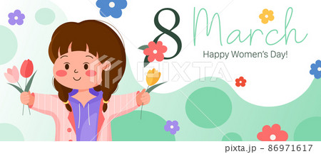 Spring cute banner for women's day. 8 march background with happy young girl with flowers and abstract rounded shaped. Floral vector graphic design Spring cute banner for women's day. 8 march background with happy young girl with flowers and abstract rounded shaped. Floral vector graphic design 86971617