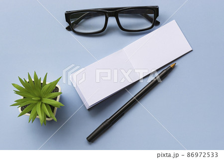 Notepad with reading glasses and potted plant. Message and reminder concept. Notepad with reading glasses and potted plant. Message and reminder concept. 86972533