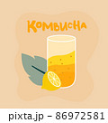 Glass of refreshing kombucha drink, mint leaf and lemon. Sweet delicious summer beverage. Fermented drink made with tea, sugar, bacteria and yeast  86972581