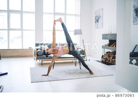 Caucasian woman practice yoga keeping healthy lifestyle for mental and physical wellness Caucasian woman practice yoga keeping healthy lifestyle for mental and physical wellness 86973065
