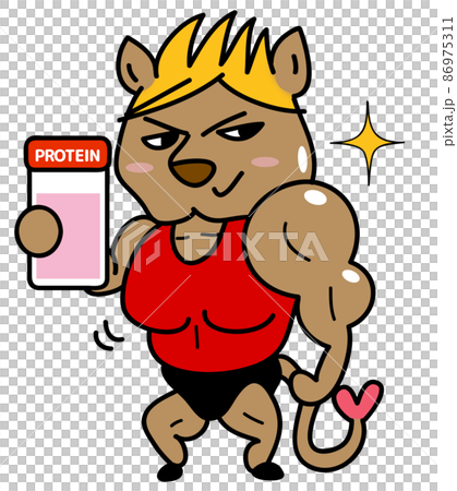 一個熱愛肌肉訓練的猛男獅男正在嘗試喝蛋白質 86975311