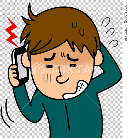 A man who is in trouble due to some trouble while talking on a smartphone 86975316