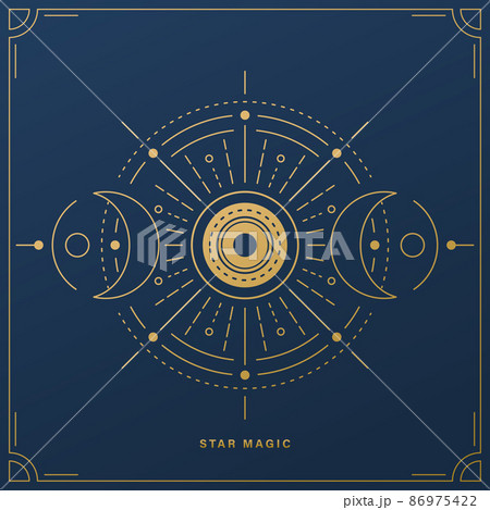 Moon phases vector background in simple line flat style. Golden astrology illustration on dark backdrop, frame border. Mystic moonlight activity stages, sacred lunar geometry, magic astrology symbols 86975422