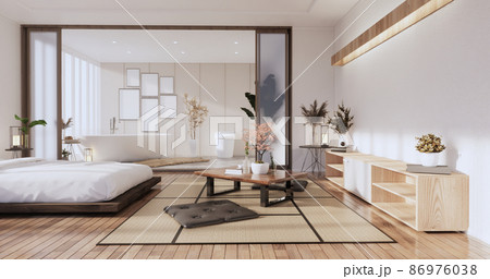 Modern Zen bed and decoartion plants in japanese bedroom. 3D rendering. Modern Zen bed and decoartion plants in japanese bedroom. 3D rendering. 86976038
