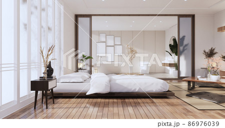 Modern Zen bed and decoartion plants in japanese bedroom. 3D rendering. Modern Zen bed and decoartion plants in japanese bedroom. 3D rendering. 86976039