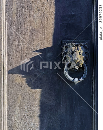 Lion with ring in his teeth is bas-relief mask like handle on street door and shadow. Lion with ring in his teeth is bas-relief mask like handle on street door and shadow. 86976258