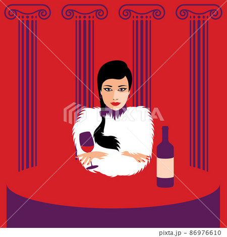 Fashion girl with red lips in fur coat. Beautiful woman face vector illustration. 86976610