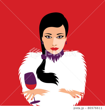 Fashion girl with red lips in fur coat. Beautiful woman face vector illustration. 86976611