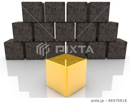 Rusty metal cube wall with a golden cube in the foreground Rusty metal cube wall with a golden cube in the foreground 86976818