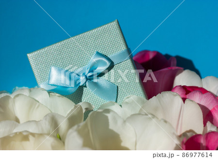 Blue gift box with a bow among spring flowers on blue background. A bouquet of white and pink tulips. Floral greeting card mockup with space for text. Gift, present for March 8, Mother's Day. April. Blue gift box with a bow among spring flowers on blue background. A bouquet of white and pink tulips. Floral greeting card mockup with space for text. Gift, present for March 8, Mother's Day. April. 86977614