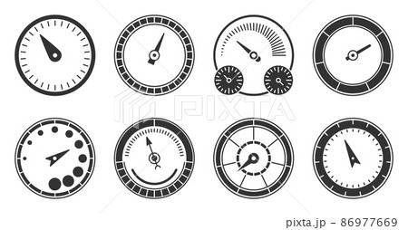 Speedometer indicator load scale black glyph set. Transport icon measurement speed dashboard driving symbol. Traffic online download power progress internet technology traffic measuring isolated white 86977669