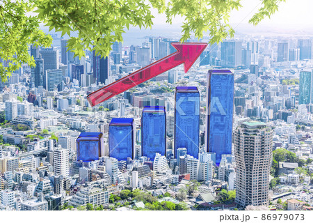 右肩上がりの棒グラフと都市風景のイラスト素材