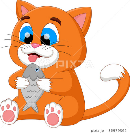 cartoon cute cat eating fish 86979362