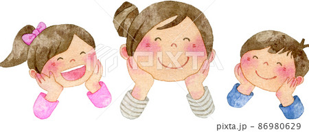 頬杖をつくニコニコ笑顔の親子の水彩イラスト 86980629