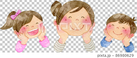 頬杖をつくニコニコ笑顔の親子の水彩イラスト 86980629