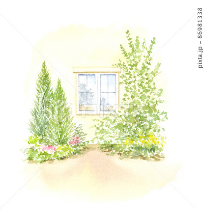 庭から見た窓　水彩画　 86981338