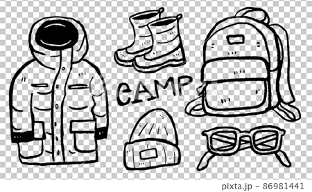 手書き風 冬キャンプ ファッションコーデ 白黒イラスト のイラスト素材