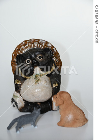 タヌキを迎えるイヌとネコ 86982075