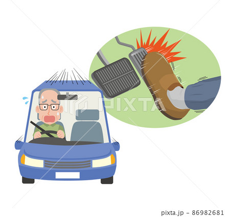 車の運転中にペダルを踏み間違う高齢男性 86982681