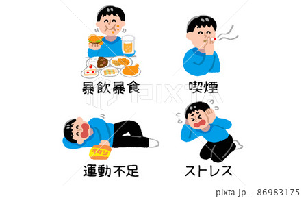 不健康・不摂生な生活をする男性セット(手描きカラー) 不健康・不摂生な生活をする男性セット(手描きカラー) 86983175