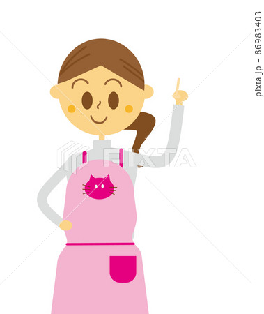 エプロンを付けた指さしポーズの女性・ペットショップ店員・保育士・母親 86983403