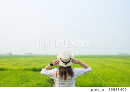 Woman tourist looking to the beautiful view of rice field green grass in the countryside of Thailand in the morning. Woman tourist looking to the beautiful view of rice field green grass in the countryside of Thailand in the morning. 86983405