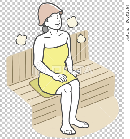 サウナハットを被ってサウナを楽しむ若い女性 86983669