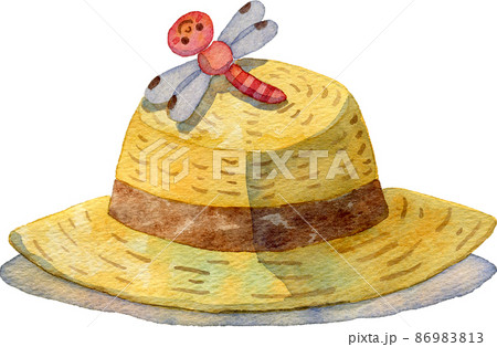麦わら帽子に止まる赤とんぼのイラストのイラスト素材