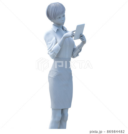 タブレットを使う女性社員　白人形　クレイモデル　石膏像　perming3DCGイラスト素材 86984482