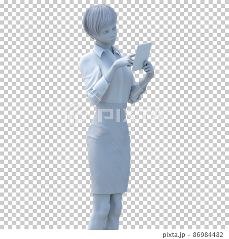 タブレットを使う女性社員　白人形　クレイモデル　石膏像　perming3DCGイラスト素材 86984482