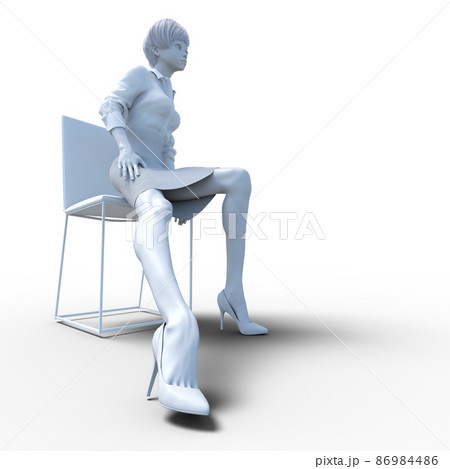 椅子に座る女性社員　白人形　クレイモデル　石膏像　perming3DCGイラスト素材 86984486