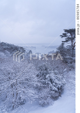 日本三景・松島 西行戻しの松公園から望む松島湾 冬の雪景色(宮城県松島町) 日本三景・松島 西行戻しの松公園から望む松島湾 冬の雪景色(宮城県松島町) 86985784