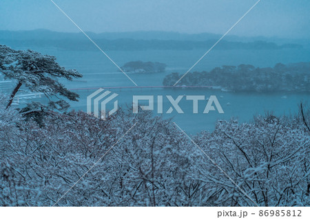 日本三景・松島 西行戻しの松公園から望む松島湾 冬の雪景色(宮城県松島町) 日本三景・松島 西行戻しの松公園から望む松島湾 冬の雪景色(宮城県松島町) 86985812