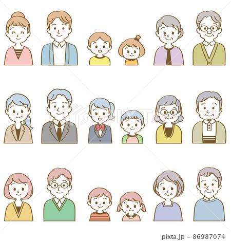 イラスト素材セット:笑顔で正面を向いた3組の3世代家族(バストアップ/手描き風主線あり) イラスト素材セット:笑顔で正面を向いた3組の3世代家族(バストアップ/手描き風主線あり) 86987074