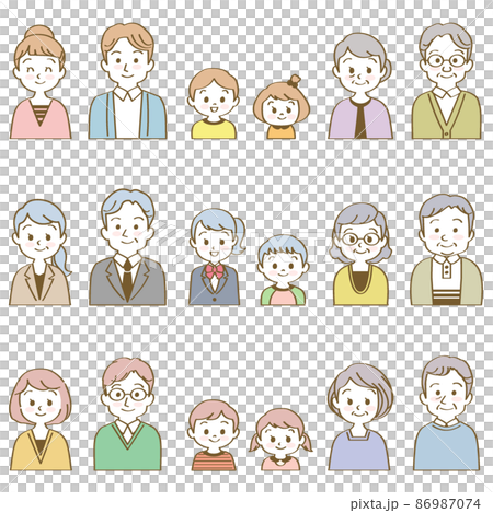 イラスト素材セット:笑顔で正面を向いた3組の3世代家族(バストアップ/手描き風主線あり) イラスト素材セット:笑顔で正面を向いた3組の3世代家族(バストアップ/手描き風主線あり) 86987074