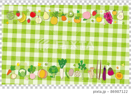 Vegetables and Fruits Frame Green Plaid Background Postcard 86987122