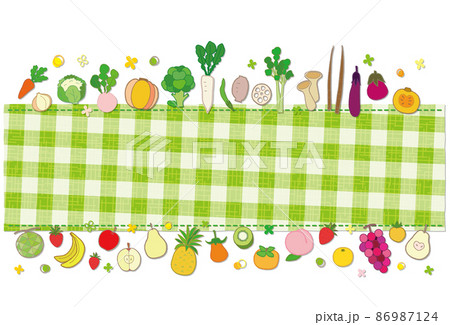 野菜と果物 フレーム グリーンのチェック柄 背景 ポストカード 86987124