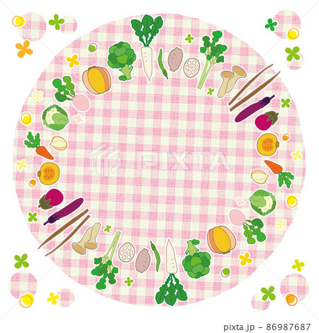 野菜のフレーム 円形 3 背景 ピンクのチェック柄 86987687