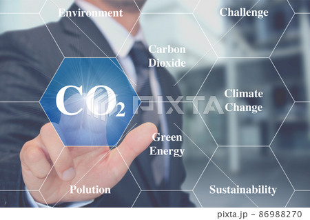 CO2二酸化炭素のボタンを押すビジネスマン Businessman touching Co2 CO2二酸化炭素のボタンを押すビジネスマン Businessman touching Co2 86988270