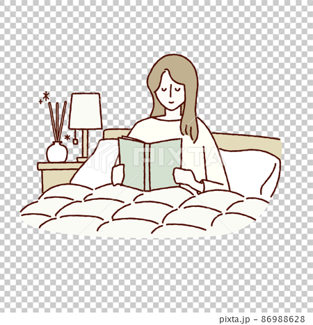 ベッドで本を読む女性とアロマディフューザーのイラスト 86988628