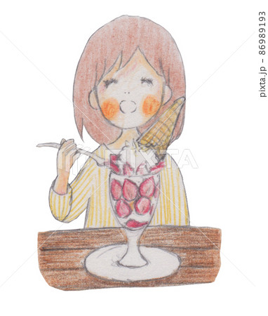 手描きイラスト いちごパフェを食べる女の子のイラスト素材