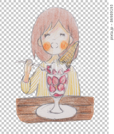 手描きイラスト いちごパフェを食べる女の子のイラスト素材