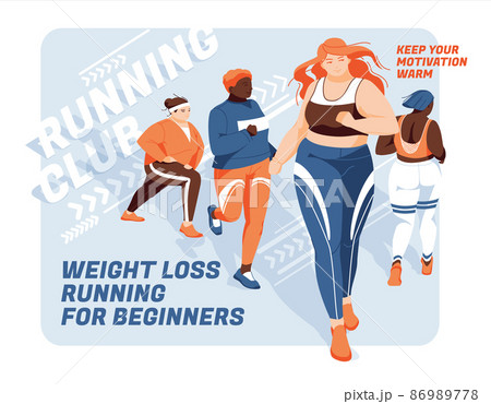 Banner for advertising running competitions or training. Group of overweight women running on an abstract background. Design for presentations, print, web advertising banners. Banner for advertising running competitions or training. Group of overweight women running on an abstract background. Design for presentations, print, web advertising banners. 86989778