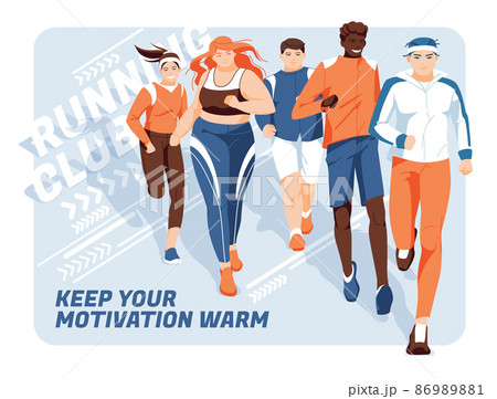 Banner for advertising running competitions or training. Group of overweight women running on an abstract background. Design for presentations, print, web advertising banners. Banner for advertising running competitions or training. Group of overweight women running on an abstract background. Design for presentations, print, web advertising banners. 86989881