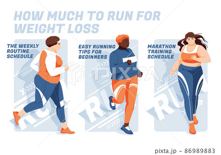3 banner designs to advertise running competition for weight loss or training. Three overweight sportswomen run on an abstract background. Design for presentations, print, web advertising banners. 86989883