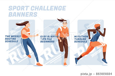 3 banner designs to advertise a running or training competition. Kind of sport. Three sportswomen run on an abstract background. Design for presentations, print, web advertising banners. 86989884