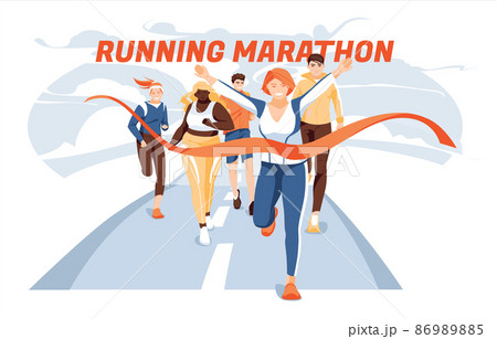 Different people characters run to finish the marathon distance. The concept of a healthy lifestyle. Various races and big size athletes. Flat, cartoon vector. 86989885